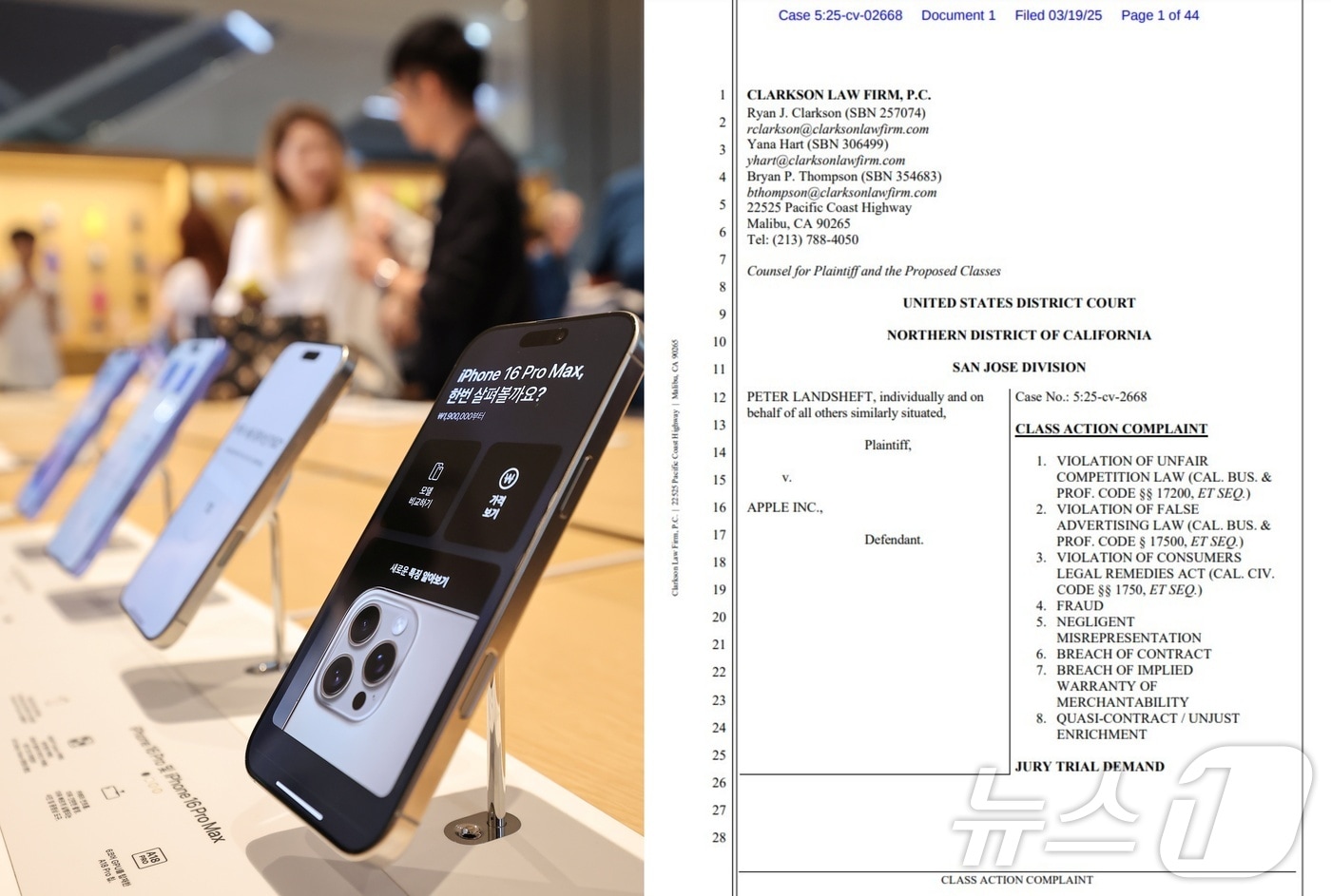 애플 아이폰16&#40;왼쪽&#41;과 제기된 소장/뉴스1