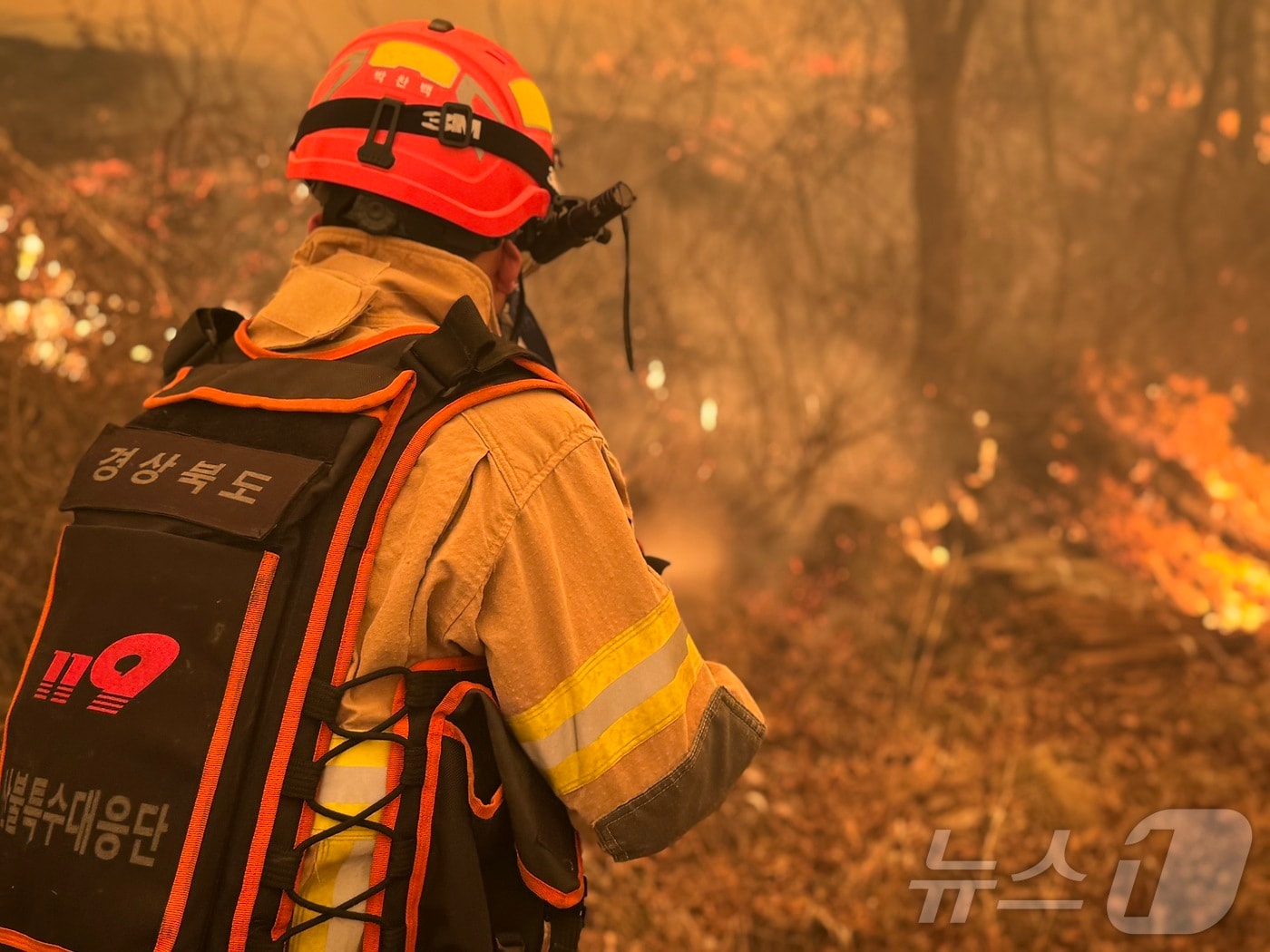 의성 산불 현장에서 소방대원이 산불을 진압하고 있다(경북소방본부 제공. 재판매 및 DB 금지)2025.3.22/뉴스1