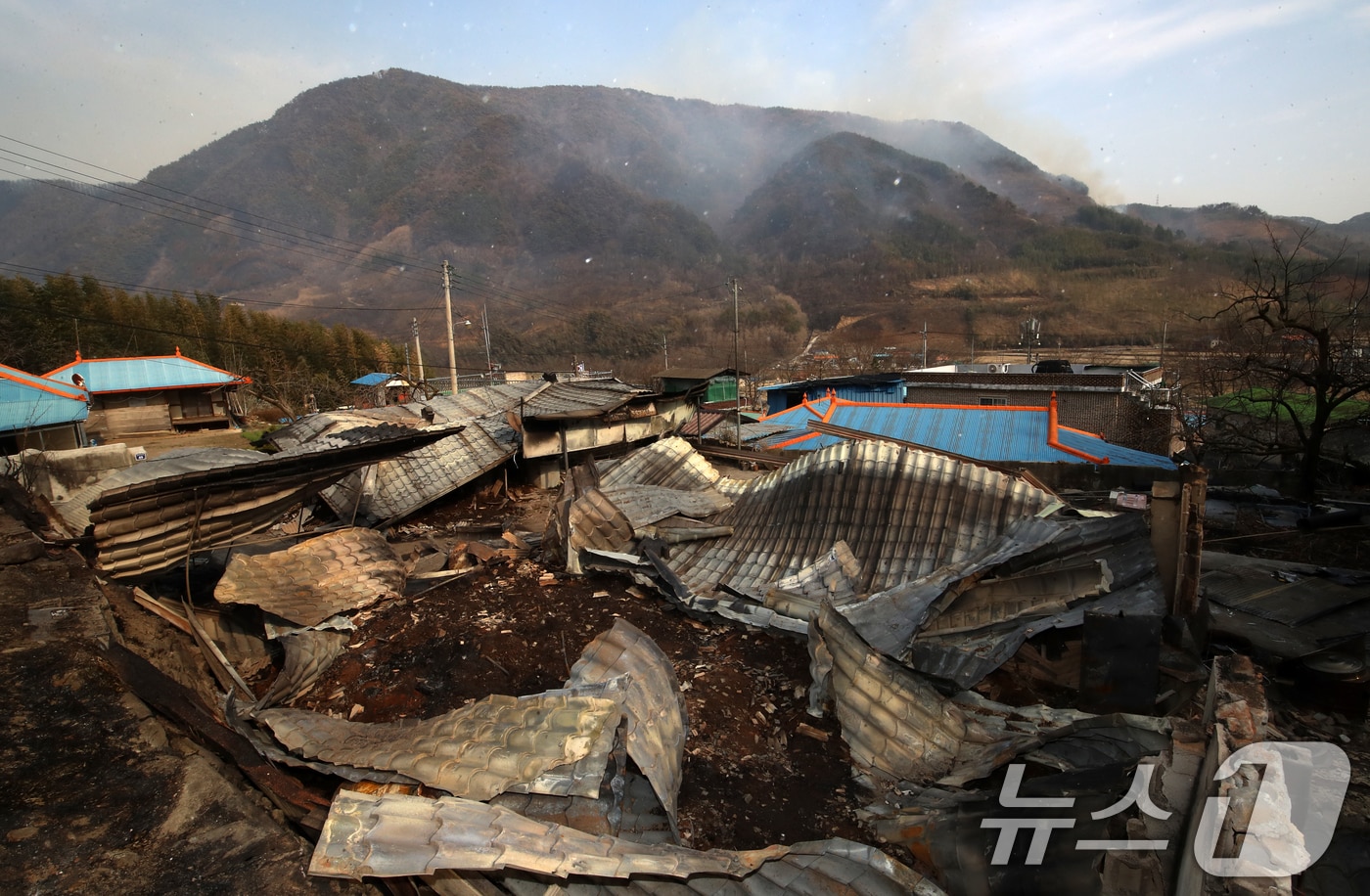경남 산청 대형 산불이 사흘째로 접어든 지난달 23일 오후 산청군 시천면 외공마을 민가가 불에 타 있다. 마을 뒤로는 산불이 번지고 있다. 2025.3.23/뉴스1 ⓒ News1 윤일지 기자