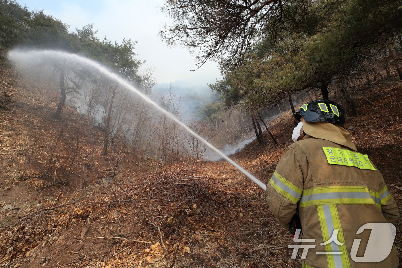 의성 산불 나흘째인 25일 오전 경북 안동시 길안면 백자리 민가 뒷산까지 산불이 번지는 가운데 국가소방동원령에 따라 투입된 소방관들이 산불 확산을 저지하고 있다. 2025.3.25/뉴스1 ⓒ News1 공정식 기자