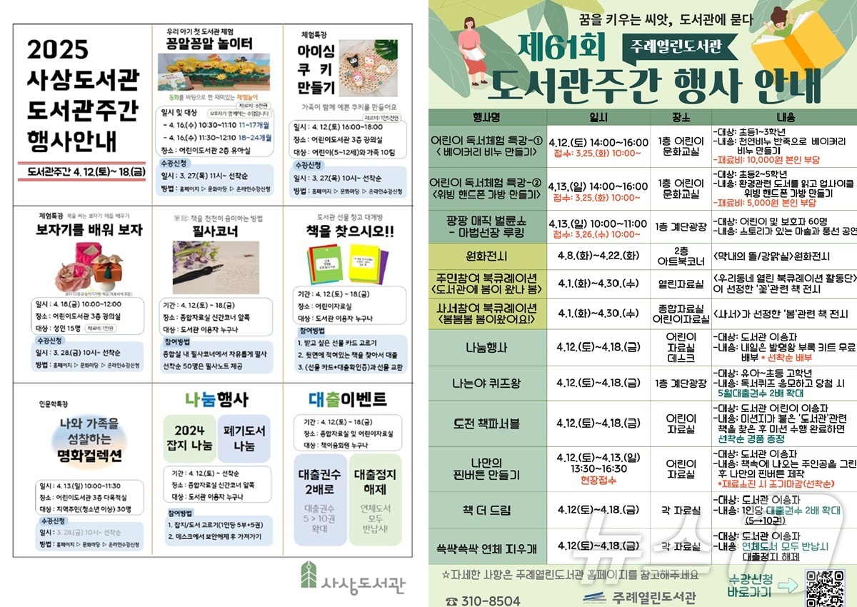 부산 사상도서관(왼쪽)과 주례열린도서관 독서문화행사 안내 포스터.(사상구 제공. 재판매 및 DB 금지)