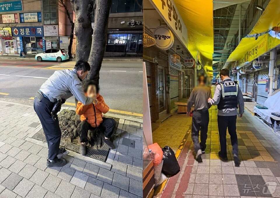 부산 해운대경찰서 반송파출소 소속 경찰이 저혈당 증세를 겪고 있던 아내(왼쪽)와 치매를 겪고 있던 남편에게 도움을 주고 있다.(해운대경찰서 제공. 재판매 및 DB 금지)