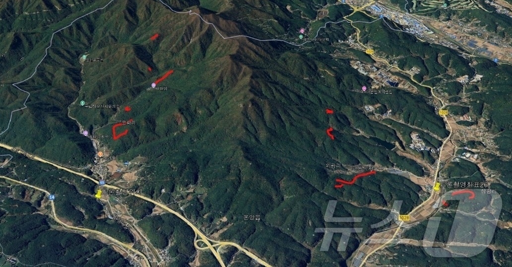 당국이 열화상 카메라로 촬영한 결과, 27일 오전 약한 비로 울주 온양 산불이 전체적으로 약화됐다.(울산광역시제공, 재판매 및 DB금지)