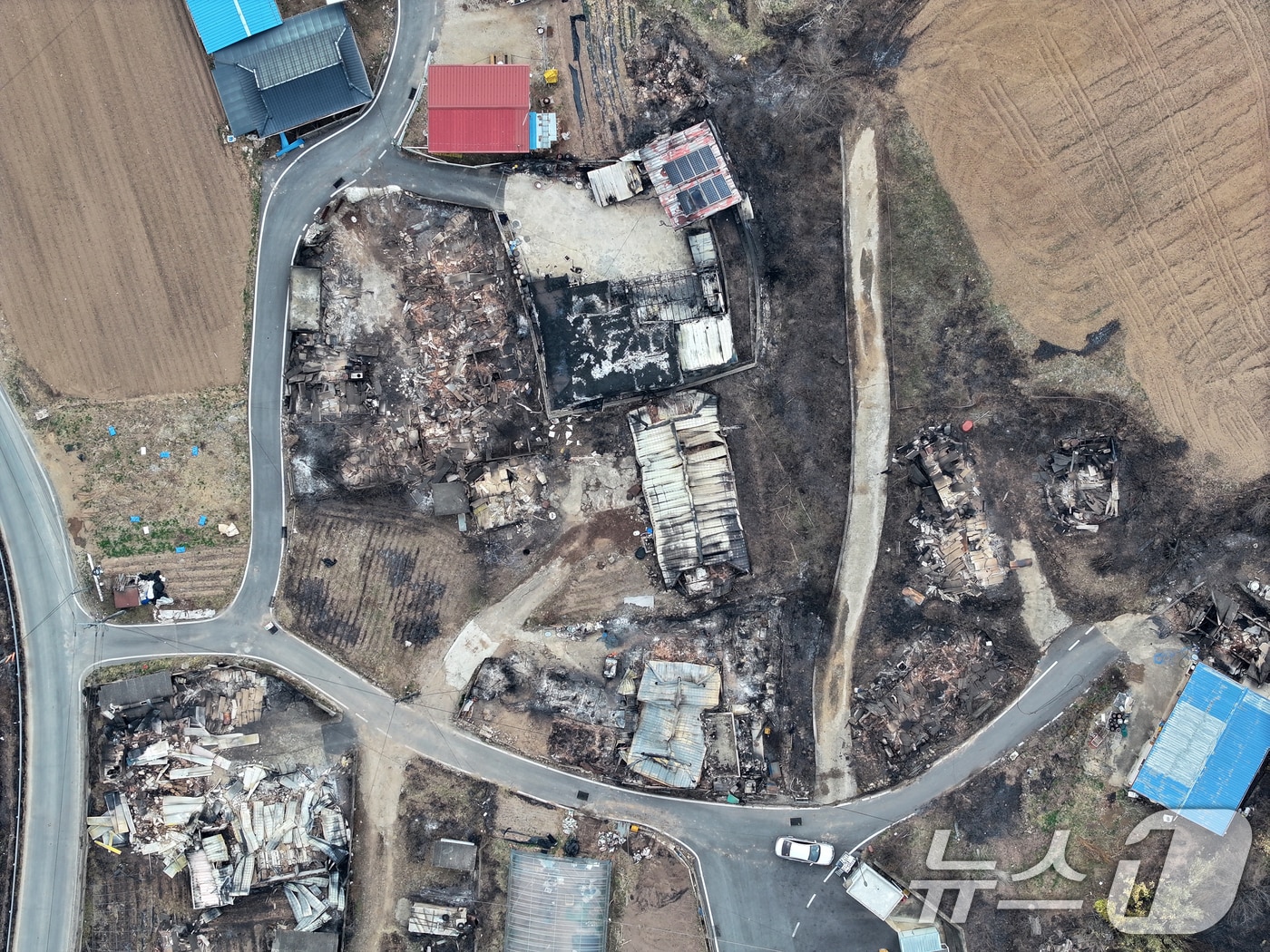 대구교통공사는 14일 경북지역 대형 산불 피해 복구와 이재민 지원을 위해 재해구호금 4000만원을 긴급 지원한다고 밝혔다. 사진은 산불 피해를 입은 영양군의 한 마을. 2025.3.27/뉴스1 ⓒ News1 이승배 기자