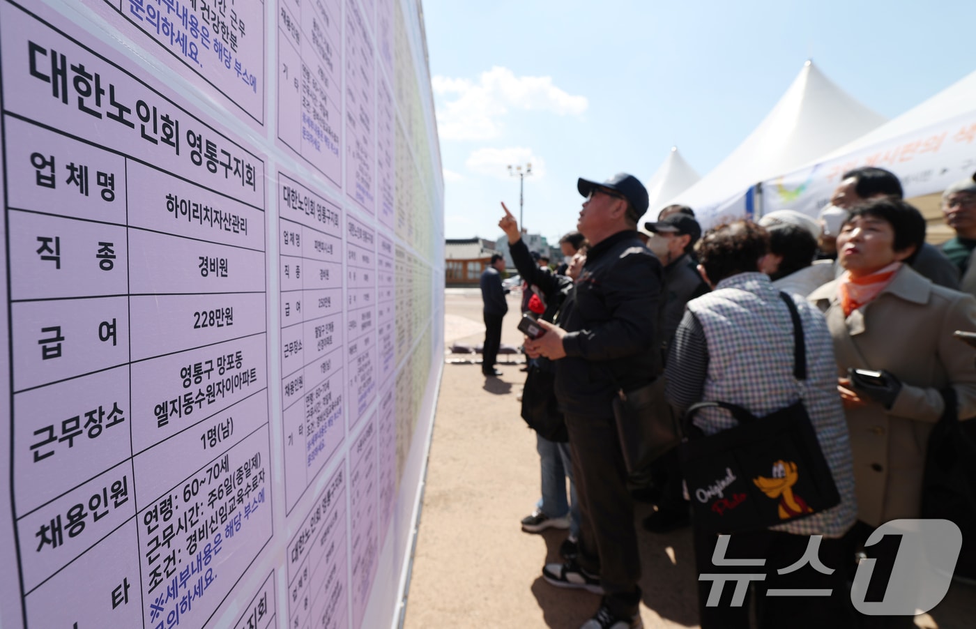 28일 오후 경기 수원시 팔달구 화성행궁광장에서 열린 '2025년 제17회 노인일자리 채용 한마당'에서 60세 이상 고령 구직자들이 구인 게시판을 살펴보고 있다. 2025.3.28/뉴스1 ⓒ News1 김영운 기자