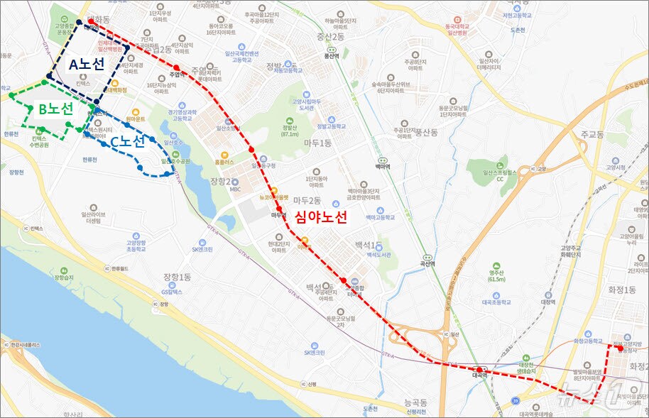 고양시는 킨택스GTX-A 역 주변 순환노선 3개와 중앙로-호국로 심야노선 1개(사진) 등 4개 노선을 검토하고 있다. (권용재 시의원 제공, 재판매 및 DB금지)