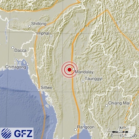 미얀마 내륙에서 28일(현지시간) 규모 6.9의 지진이 발생했다. (출처=독일 지질과학연구센터 홈페이지) 2025.3.28./뉴스1