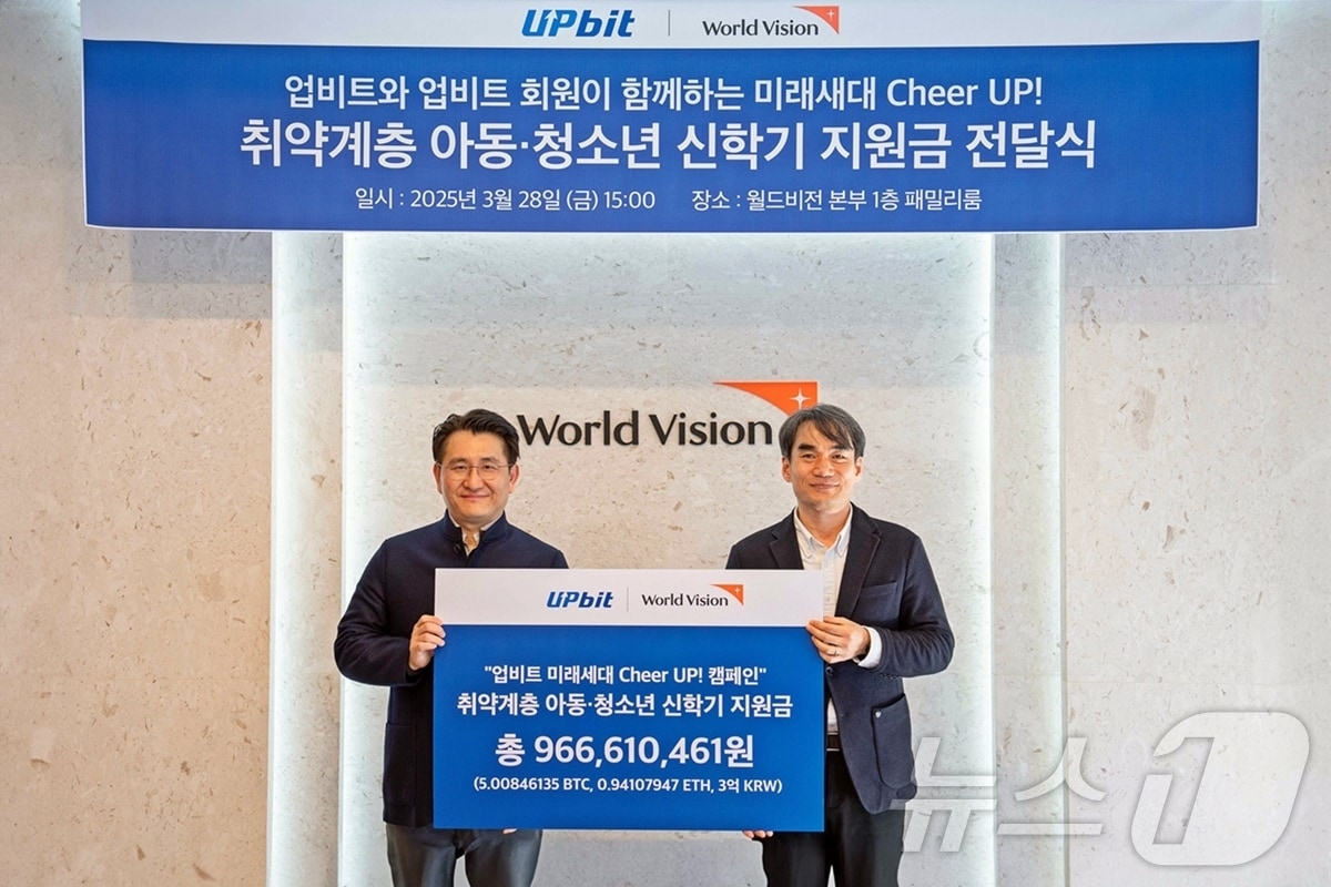 업비트 '미래 세대 Cheer UP!' 캠페인 기부금 전달식에서 박영준 두나무 상무(좌측), 김성태 월드비전 ESG 사회공헌 본부장(우측)이 기념사진을 촬영하고 있다.j