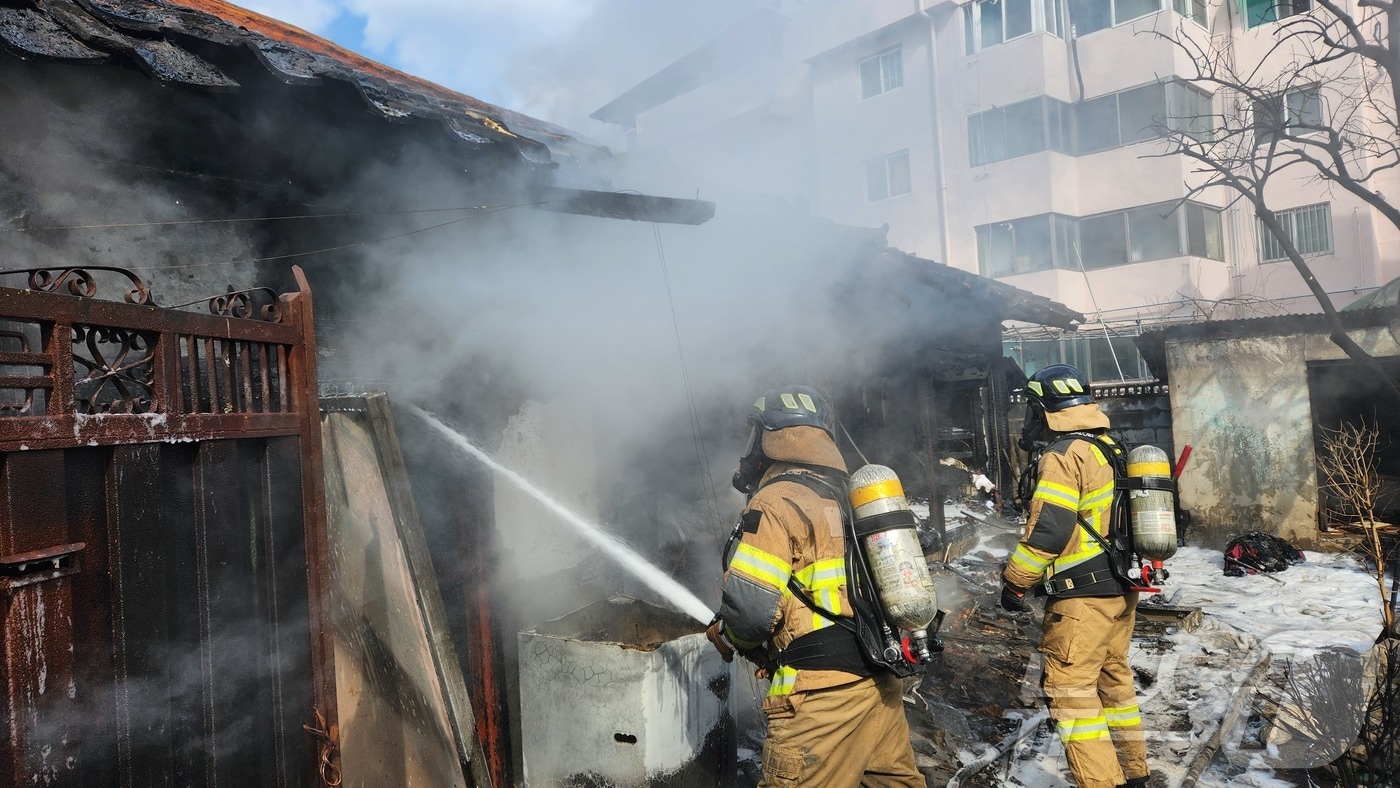 30일 오후 3시 9분쯤 경북 성주군 성주읍 예산리 주택서 전기전 요인으로 추정되는 불이 나 출동한 소방관이 진화작업을 벌이고 있다.(경부소방본부 제공. 재판매 및 DB금지)2025.3.31/뉴스1