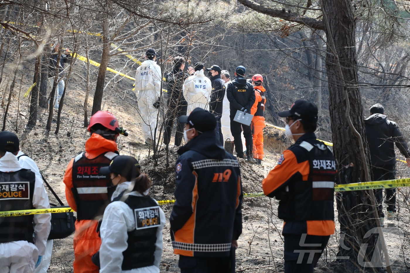 31일 경북 의성군 안평면 괴산리 산불 발생현장에서 국립과학수사연구원 및 소방당국 관계자들이 합동 감식을 벌이고 있다. 2025.3.31/뉴스1 ⓒ News1 공정식 기자