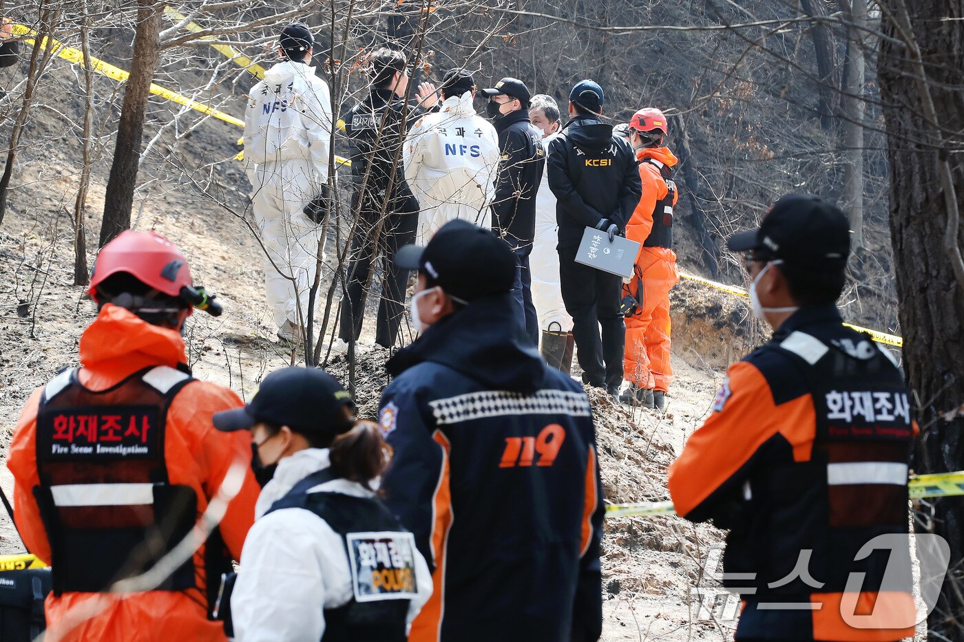 31일 오전 경북 의성군 안평면 괴산리 산불 발생 현장에서 국립과학수사연구원·소방·경찰 관계자들이 합동감식을 벌이고 있다. 2025.3.31/뉴스1 ⓒ News1 공정식 기자