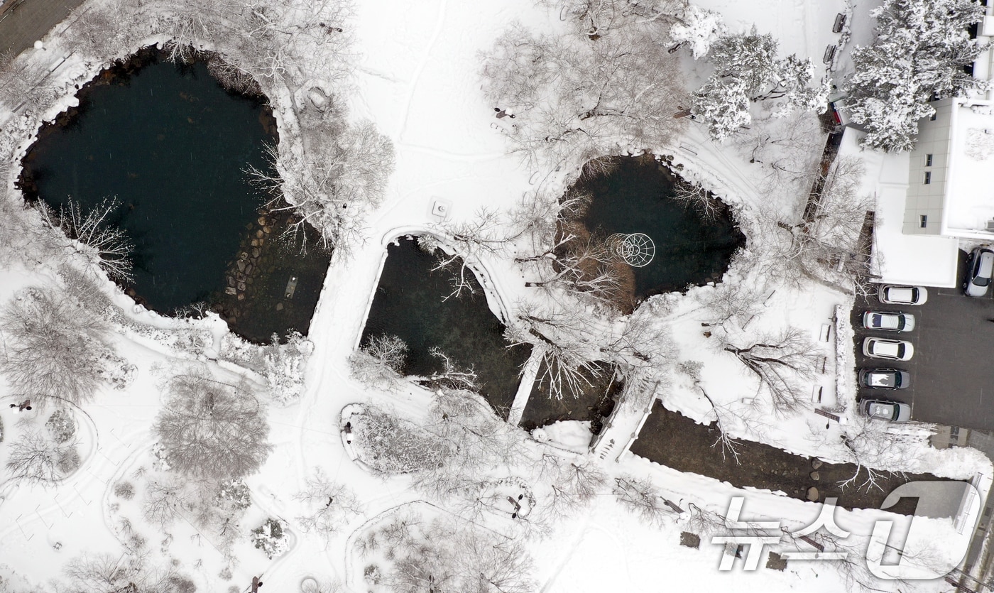 강원 산지에 많은 눈이 내린 가운데 강원도 태백시 낙동가 발원지 황지연못이 폭설로 덮혀 있다. 2025.3.5/뉴스1 ⓒ News1 김명섭 기자