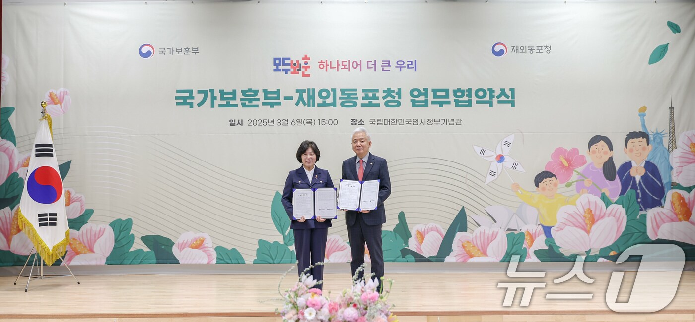 강정애 국가보훈부 장관(왼쪽)과 이상덕 재외동포청장이 6일 오후 서울 서대문구 국립대한민국임시정부기념관에서 업무협약을 체결하고 있다. (국가보훈부 제공. 재판매 및 DB 금지) 2025.3.6/뉴스1