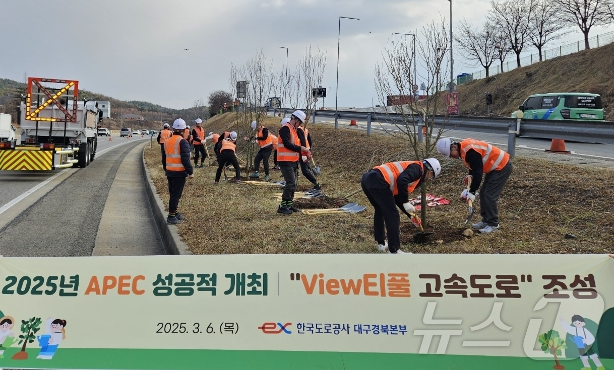 道公 대경본부 직원들이 6일 경부고속도로 칠곡(부산방향)휴게소 분리 녹지대에서 APEC성공기원 나무심기를 하고 있다.(도로공사 제공.재판매 및 DB금지) 2025.3.6/뉴스1