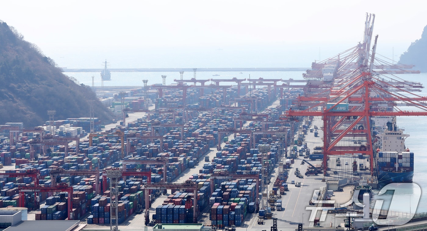 부산항 신선대부두 야적장에 컨테이너가 쌓여 있다. 2025.3.7/뉴스1 ⓒ News1 윤일지 기자