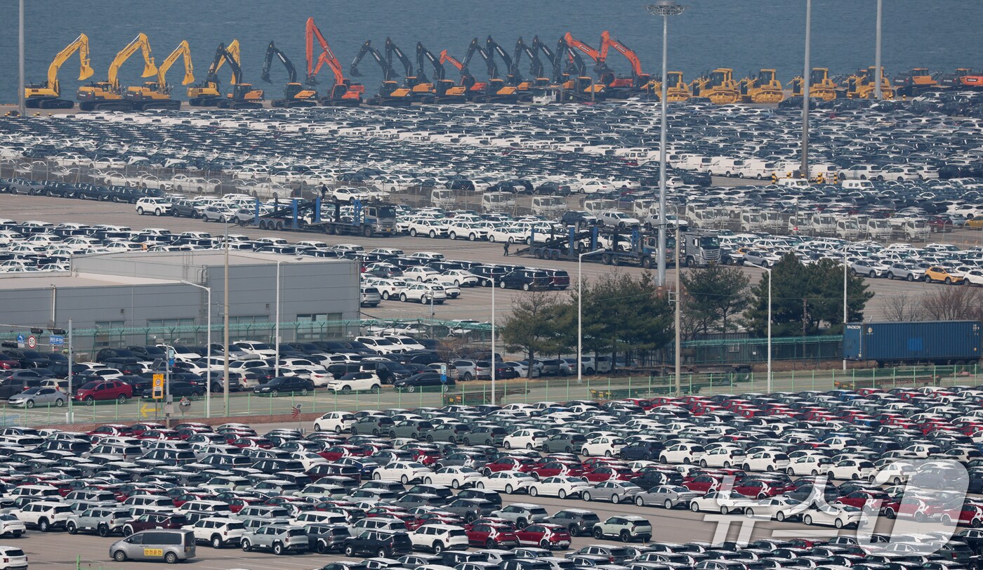 10일 경기 평택시 포승읍 평택항 자동차전용부두에 수출용 차량들이 세워져 있다.  2025.4.10/뉴스1 ⓒ News1 김영운 기자