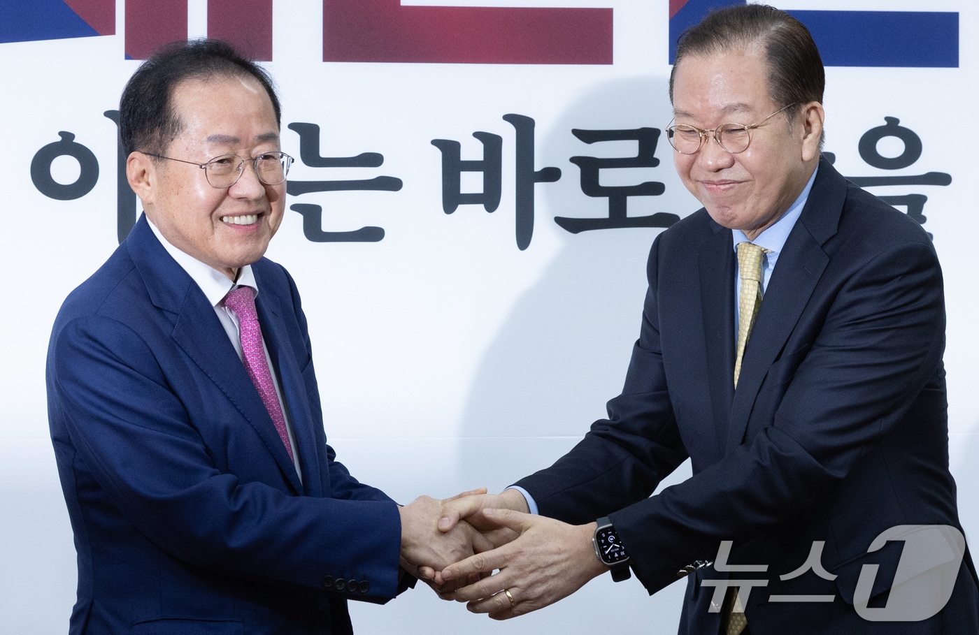 지난 4월 14일 권영세 국민의힘 비상대책위원장과 제21대 대통령선거에 출마 선언을 앞둔 홍준표 전 대구시장 14일 오전 서울 여의도 국회에서 악수를 하고 있다. 2025.4.14/뉴스1 ⓒ News1 이재명 기자