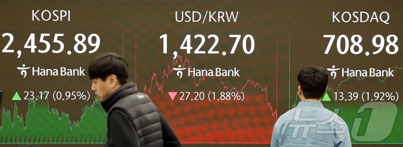 14일 오후 서울 중구 하나은행 본점 딜링룸 전광판에 증시가 표시되고 있다. 2025.4.14/뉴스1 ⓒ News1 김진환 기자