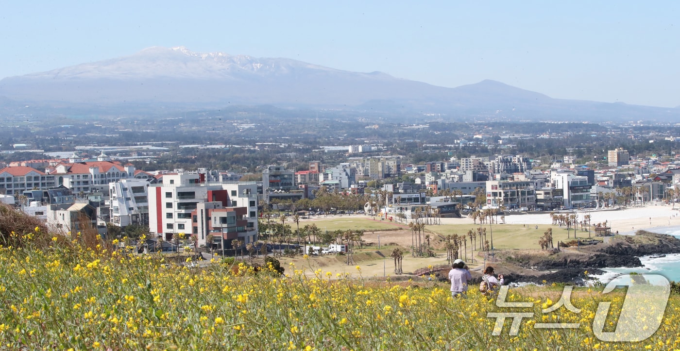 제주시 조천읍 서우봉에서 바라본 한라산. 2025.4.15 ⓒ 뉴스1 오현지 기자