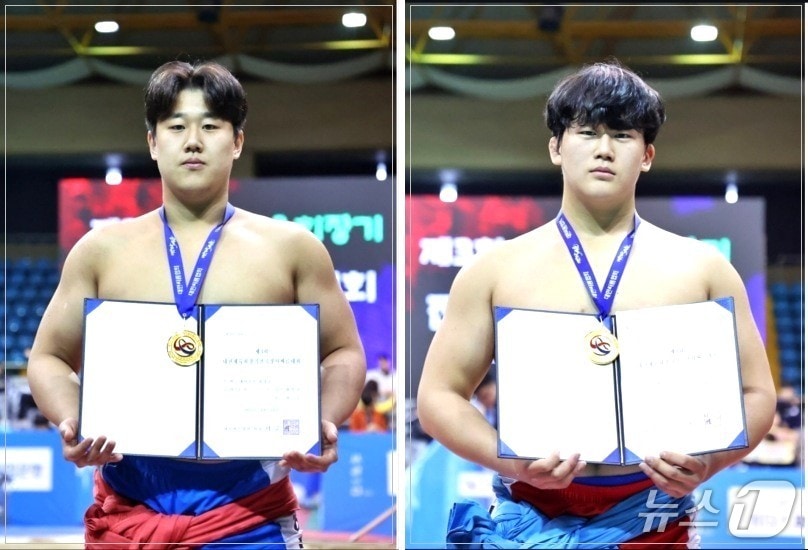 전주대 씨름부 유희승(사진 왼쪽), 이희준 선수가 최근 열린 ‘대한체육회장기 전국장사씨름대회’에서 1위를 차지했다.(전주대 제공, 재판매 및 DB 금지)/뉴스1