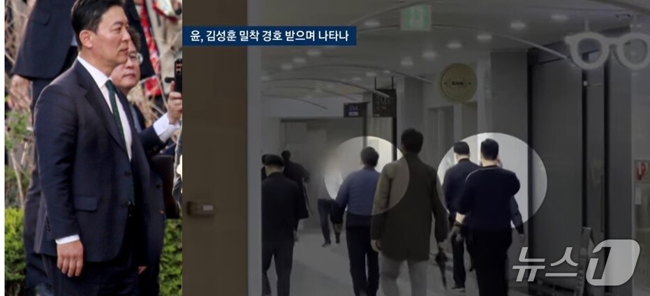  윤석열 전 대통령(왼쪽)이 경호원에 둘러 싸인 채 지난 13일 서초동 아크로비스타 지하 1층 상가를 둘러 보고 있다.  윤 전 대통령 사저 담당이 아닌 김성훈 경호처 자장(오른쪽 원)은 이날 사복 차림을 윤 전 대통령을 수행, 경호처 직원들의 반발을 불러 일으켰다. 왼쪽 사진은 지난 11일 윤 전 대통령이 한남동 관저를 떠나 사저로 들어갈 때 경호에 나선 김 차장 모습. (JTBC 갈무리) ⓒ 뉴스1 
