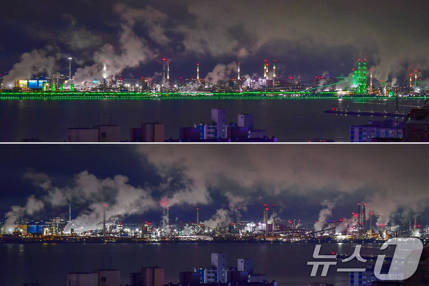 '제55회 지구의 날'을 맞은 22일 포항 남구 포스코 포항제철소 경관 조명이 오후 8시부터 8시 10분까지 소등됐다. 사진은 소등 전후 포항제철소의 모습. 2025.4.22 ⓒ 뉴스1 최창호 기자