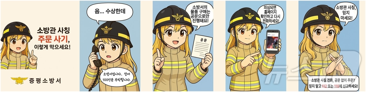 충북 증평소방서(서장 손덕주)가 최근 증가하는 소방관 사칭 주문 사기를 예방하기 위해 4컷 웹툰을 자체 제작했다.(증평소방서 제공, 재판매 및 DB금지). ⓒ News1 이성기 기자