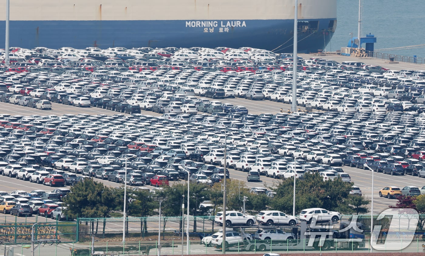  경기 평택시 포승읍 평택항 자동차전용부두에 수출용 차량들이 세워져 있는 모습. 2025.4.29/뉴스1 ⓒ News1 김영운 기자