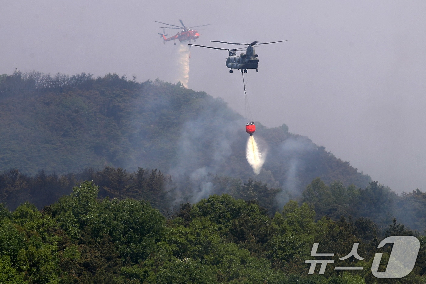 대구 북구 함지산 산불 이틀째인 29일 오후 산불 진화 작전에 투입된 산림청 초대형 헬기인 S-64와 육군 치누크( CH-47)헬기가 함지산 상공에서 물을 뿌리고 있다. 2025.4.29/뉴스1 ⓒ News1 공정식 기자