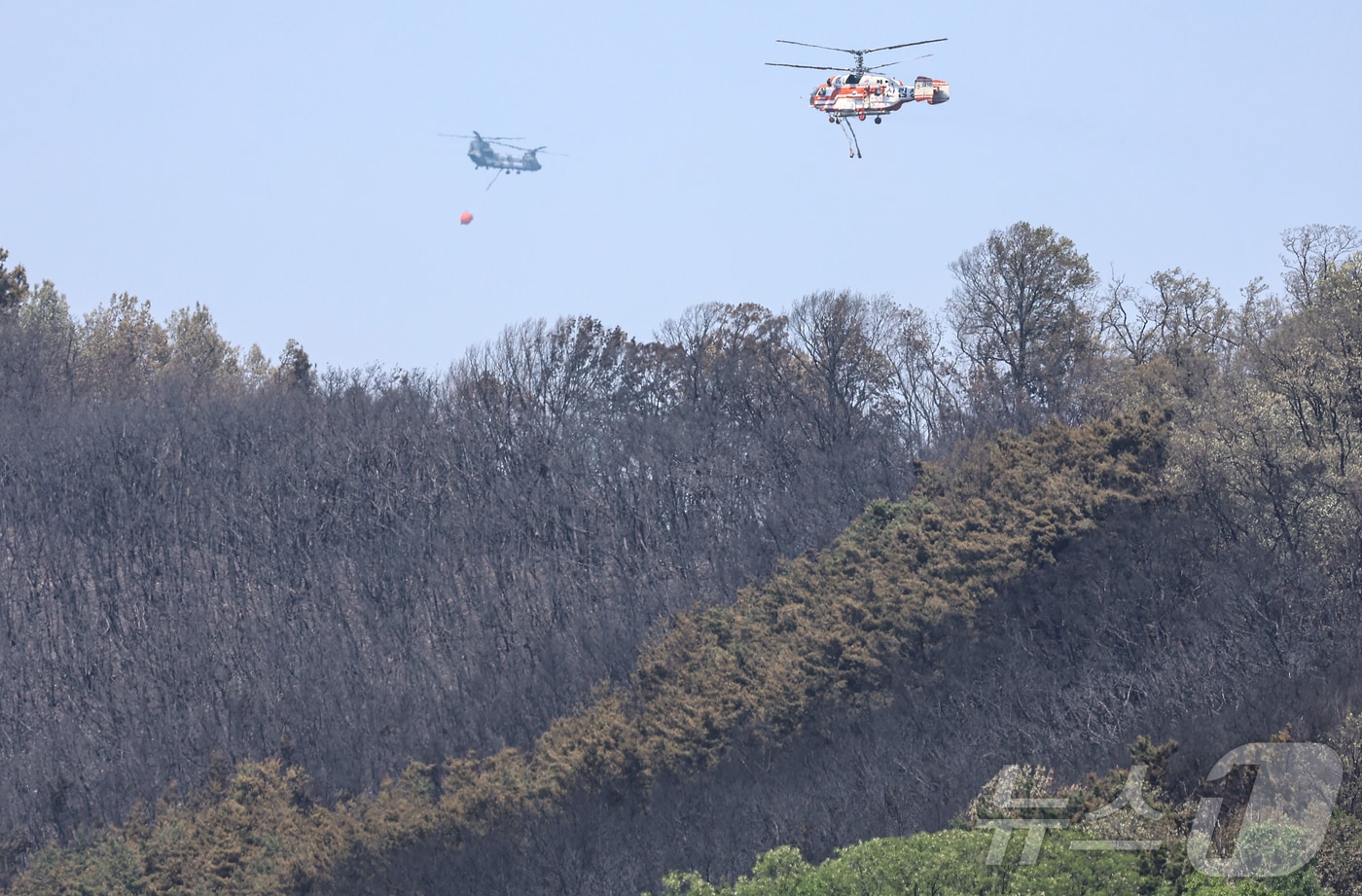 대구 북구 함지산 산불 이틀째인 지난 4월29일 산불 진화 작전에 투입된 헬기들이 함지산 상공을 분주히 움직이고 있다. 2025.4.29/뉴스1 ⓒ News1 김도우 기자