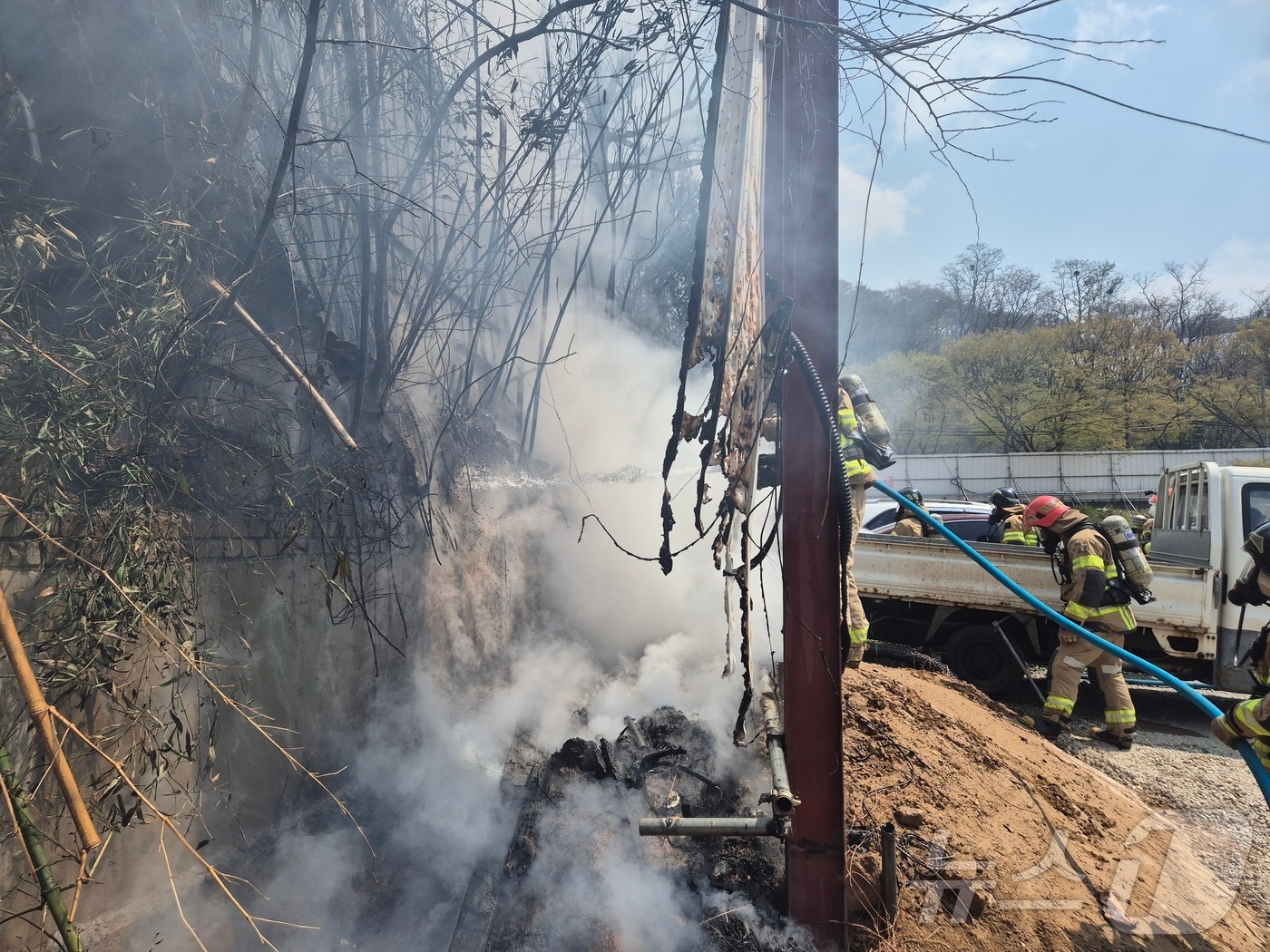 3일 낮 12시 32분쯤 광주 북구 운암동의 한 대나무밭에서 불이 나 소방당국이 화재를 진화하고 있다.(광주 북부소방 제공)2025.4.3/뉴스1