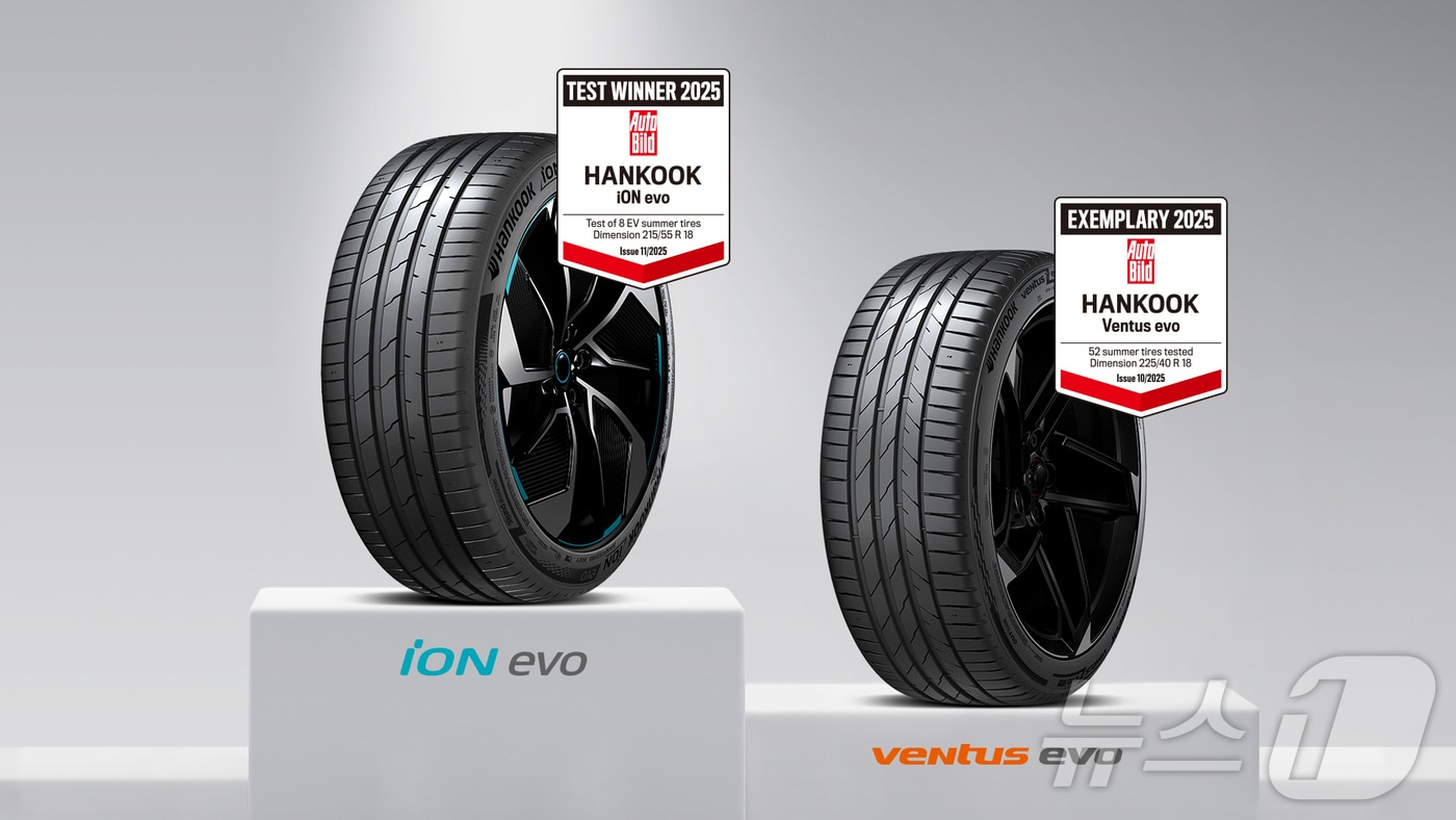 한국타이어앤테크놀로지는 전기차 전용 퍼포먼스 타이어 '아이온 에보(iON evo)', 초고성능 퍼포먼스 타이어 '벤투스 에보(Ventus evo)'가 독일 자동차 전문지 '아우토 빌트(Auto Bild)' 주관 타이어 테스트에서 최고 영예인 '최우수(Exemplary)' 등급을 받았다고 4일 밝혔다. (한국타이어 제공)