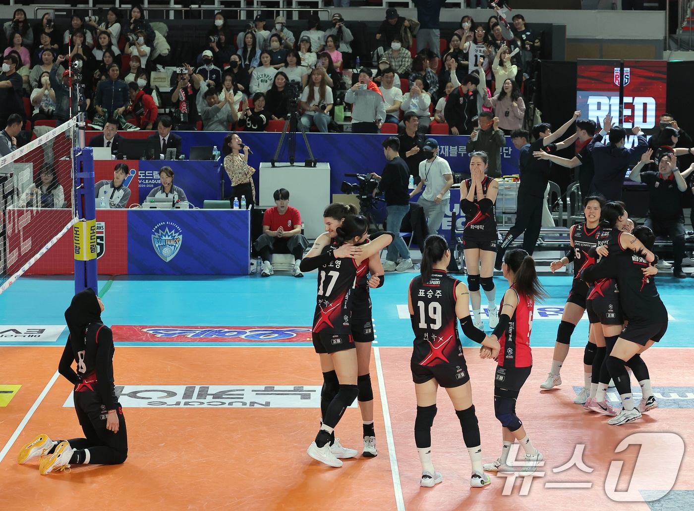 6일 오후 대전 중구 충무체육관에서 열린 프로배구 &#39;2024-2025 도드람 V리그&#39; 여자부 챔피언결정전 4차전, 정관장과 흥국생명의 경기에서 5세트 접전 끝에 승리하며 승부를 원점으로 만든 정관장 선수들이 기뻐하고 있다. 2025.4.6/뉴스1 ⓒ News1 박정호 기자