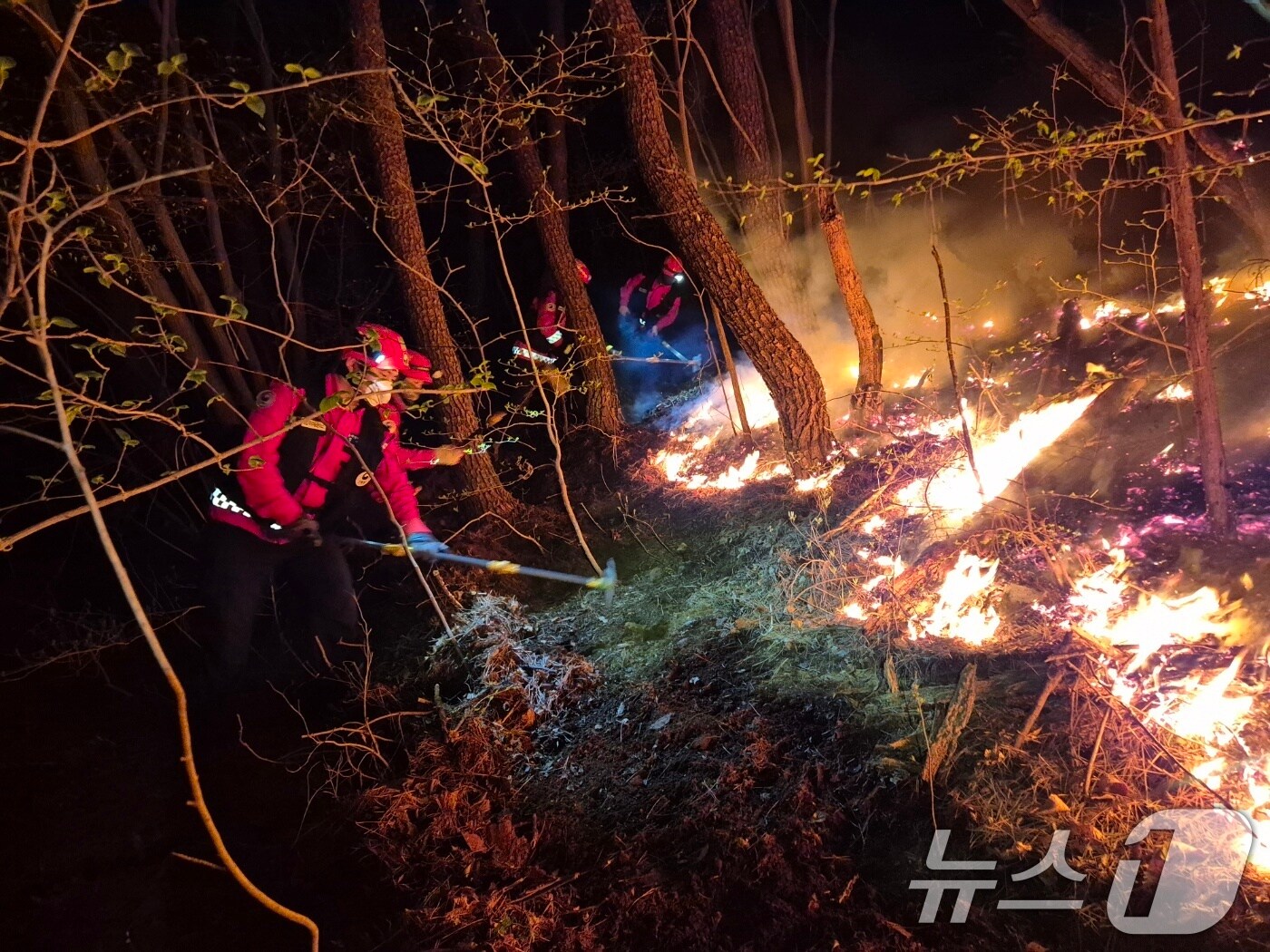 경상남도 하동군 옥종면 회신리 산2 일원에서 산불진화대원들이 진화 작업을 이어가고 있다. &#40;산림청 제공. 재판매 및 DB금지&#41; 2025.4.7/뉴스1