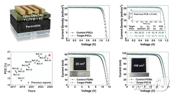 에틸렌 카보네이트를 첨가해 만든 페로브스카이트 태양전지 셀&#40;cell&#41;과 모듈의 광전변환 효율 모식도. &#40;UNIST 제공. 재판매 및 DB 금지&#41; /뉴스1