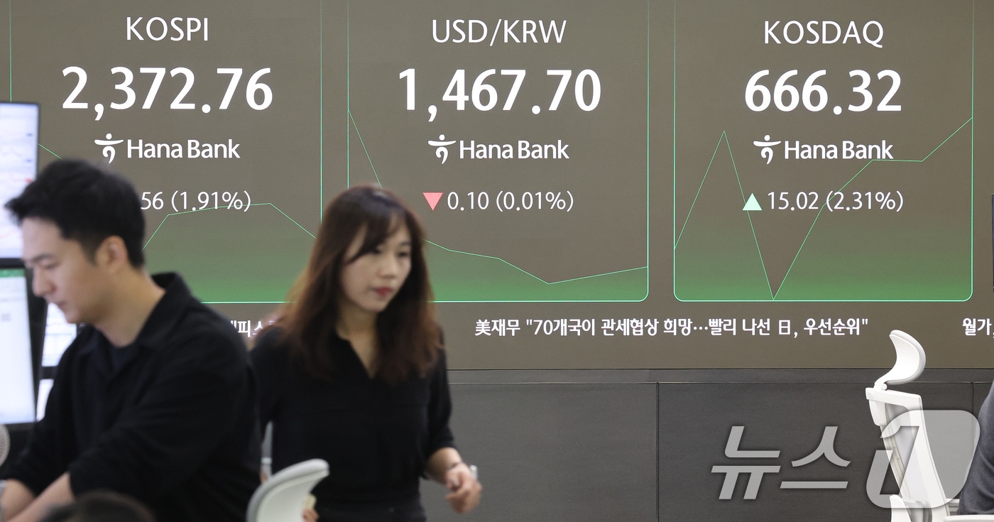 8일 오전 서울 중구 하나은행 본점 딜링룸 전광판에 개장 시황이 나오고 있다./뉴스1 ⓒ News1 이동해 기자