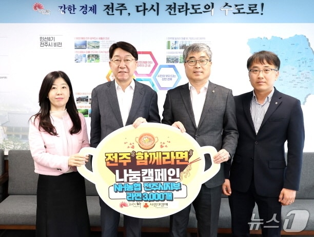 하양진 NH농협 전주시지부 지부장이 8일 전주시를 방문, "전주함께 라면'에 도움이 되고 싶다면서 라면 3000개를 후원했다.(전주시 제공, 재판매 및 DB 금지)/뉴스1