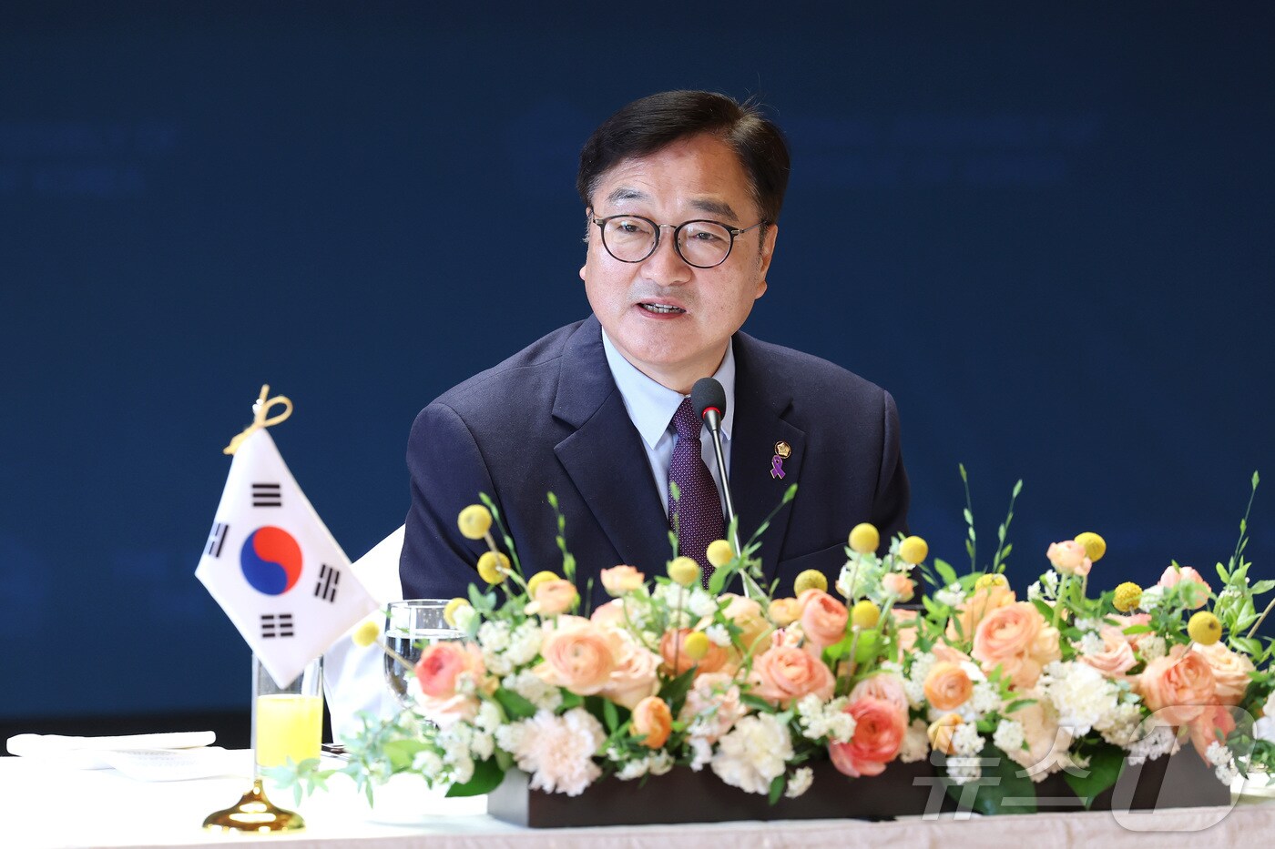 우원식 국회의장이 9일 서울 여의도 국회 사랑재에서 열린 아랍연맹 주한 외교사절 초청 오찬 간담회에서 발언하고 있다. (국회의장실 제공, 재판매 및 DB 금지) 2025.4.9/뉴스1