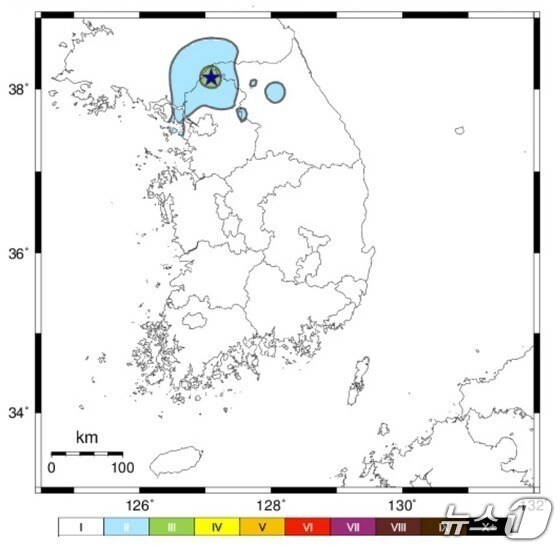 10일 경기 연천군 연천군 북북동쪽 5㎞ 지점에서 발생한 규모 3.3 지진 계기진도정보. (기상청 제공. 재판매 및 DB 금지) 2025.5.10/뉴스1