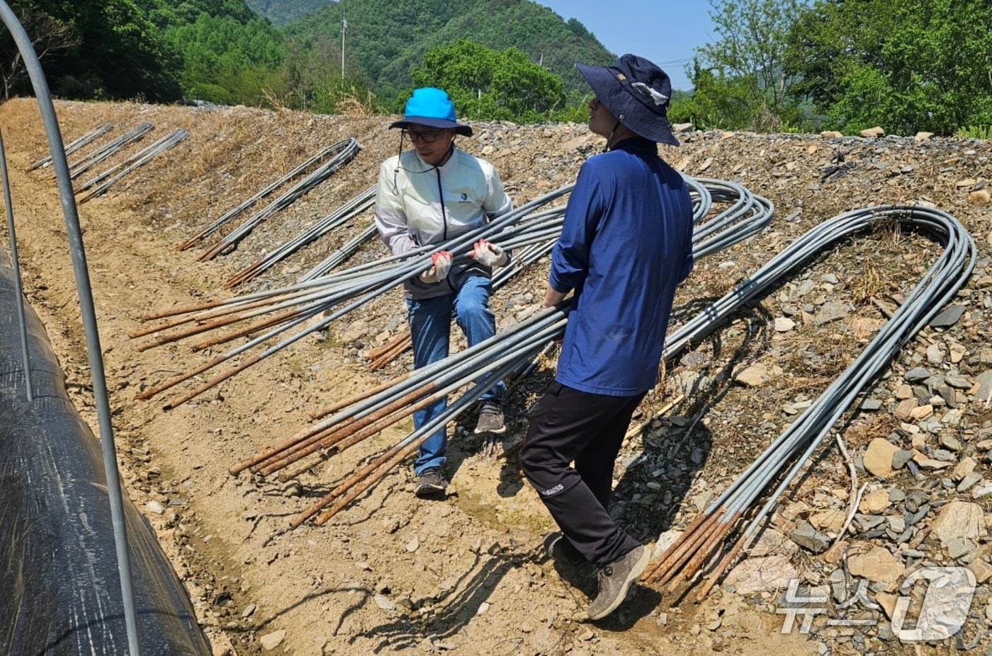 충북 괴산군 안전정책과 직원들은 14일, 본격적인 영농철을 앞두고 일손 부족으로 어려움을 겪는 농가를 찾아 일손을 도왔다.(괴산군 제공)/뉴스1