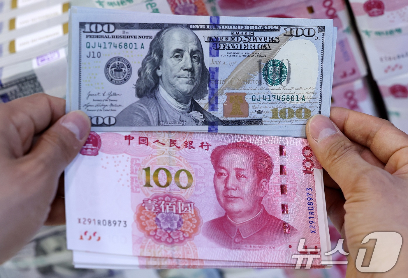 14일 서울 중구 하나은행 위변조대응센터에서 직원이 미국 달러와 위안화를 정리하고 있다. 2025.5.14/뉴스1 ⓒ News1 박지혜 기자