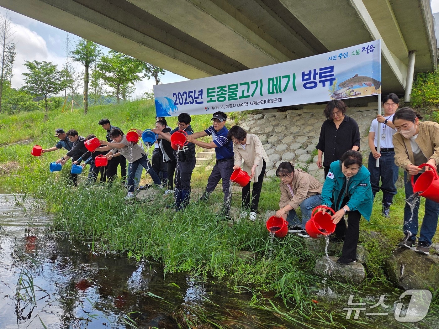 정읍시가 내수면 생태계 복원과 수산자원 회복을 위해 동진강 상류인 동진천에 어린 메기 37만여 마리를 방류했다.(정읍시 제공, 재판매 및 DB금지) 