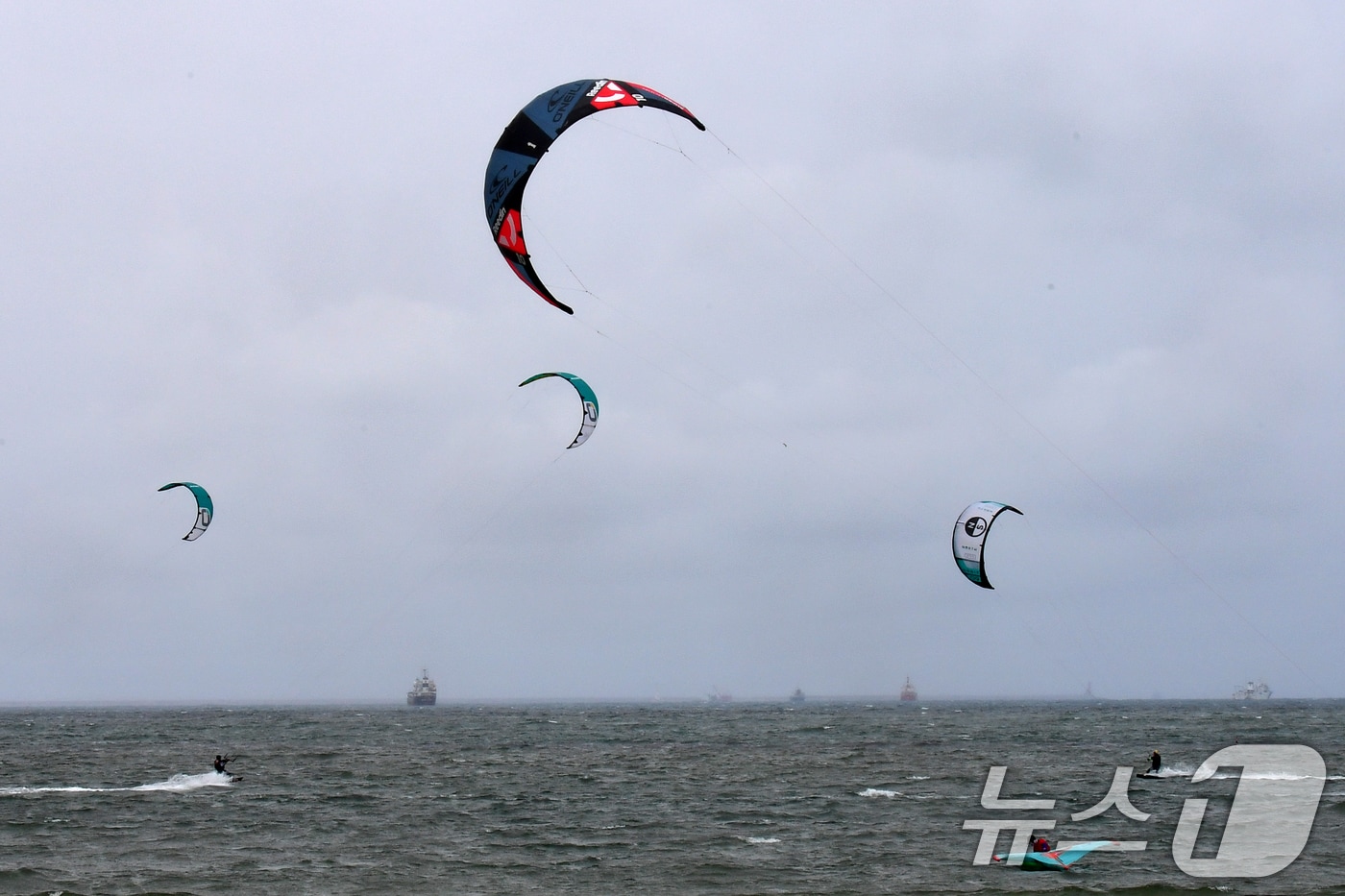 24일 오후 경북 포항시 송도해수욕장에서 카이트보드 동호인들이 바람을 가르며 수면 위를 질주하고 있다. 2025.5.24/뉴스1 ⓒ News1 최창호 기자