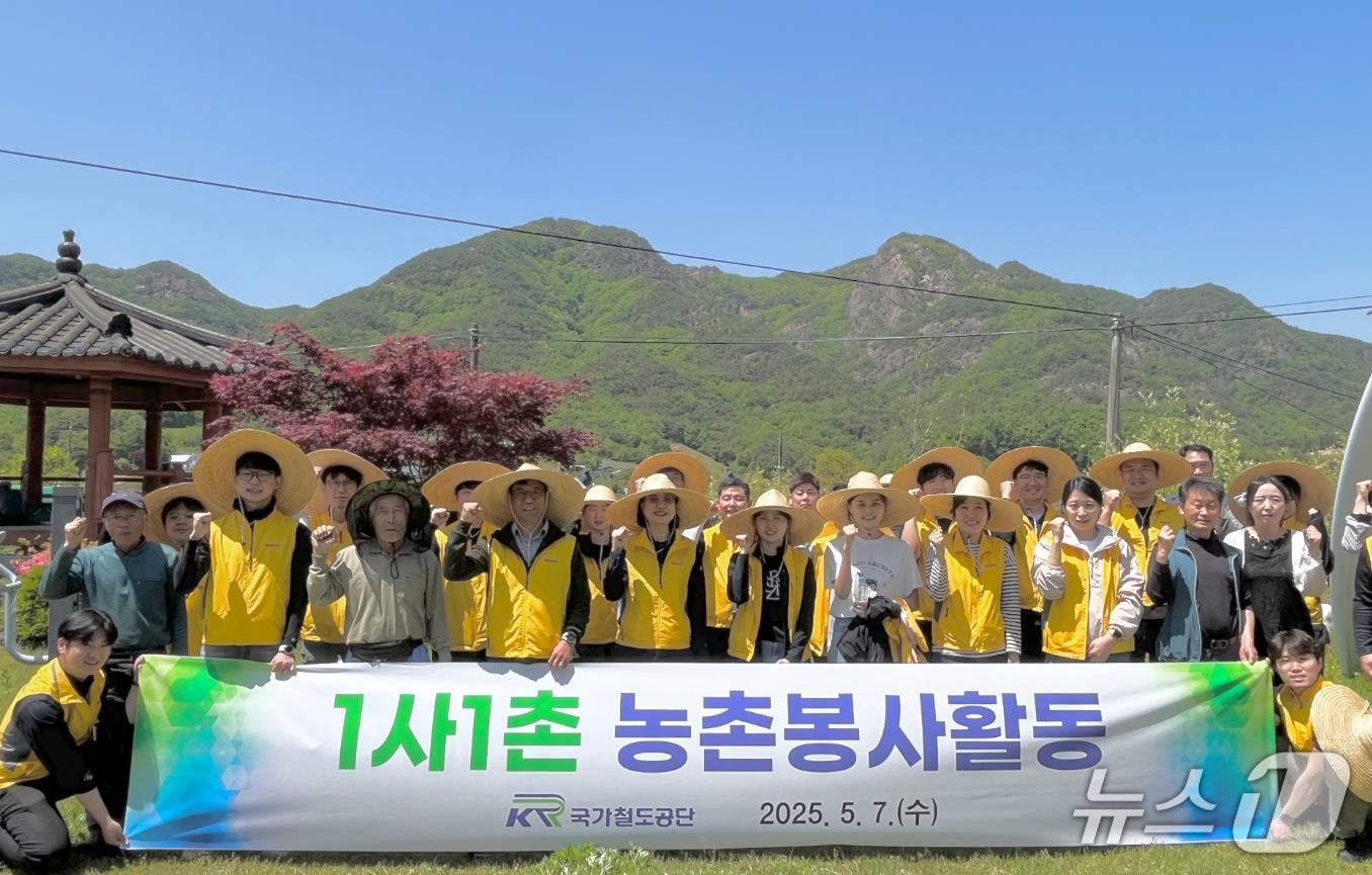 국가철도공단 봉사단이 영동군 금강모치마을에서 농촌 봉사활동을 시행한 후 기념촬영을 하고 있다.(국가철도공단 제공.재판매 및 DB금지)/뉴스1