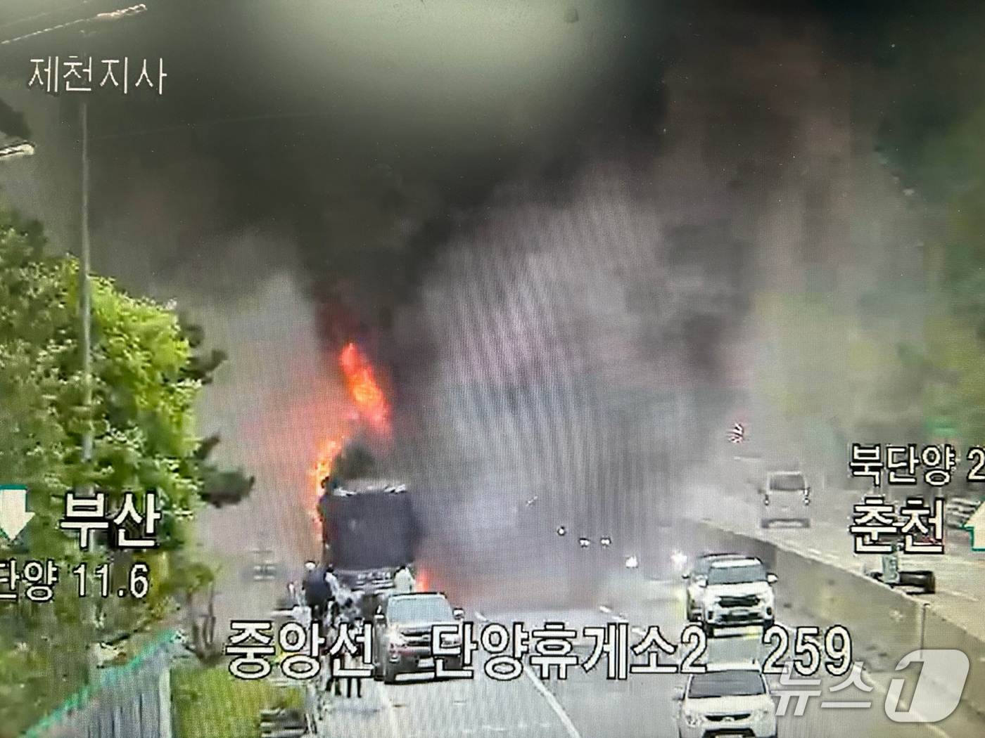 9일 오후 6시 11분쯤 충북 단양군 적성면 중앙고속도로 부산방향 단양휴게소 인근을 주행 중이던 고속버스에서 불이 났다.(단양소방서 제공. 재판매 및 DB금지)/뉴스1