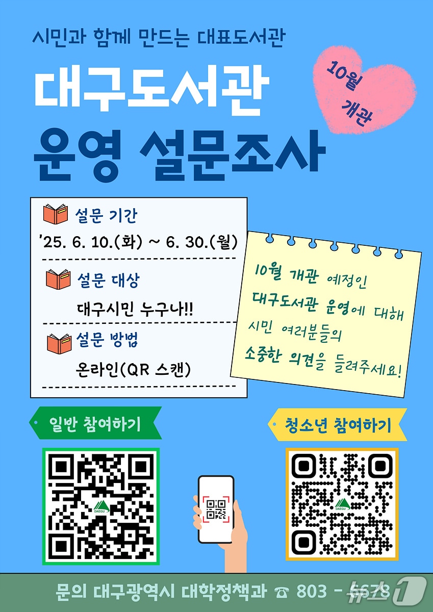 대구 최초의 직영도서관이자 대표 도서관 역할을 하는 대구도서관이 오는 10월 개관한다. 이미지는 설문조사를 홍보하는 웹포스터. (대구시 제공. 재판매 및 DB 금지)/뉴스1
