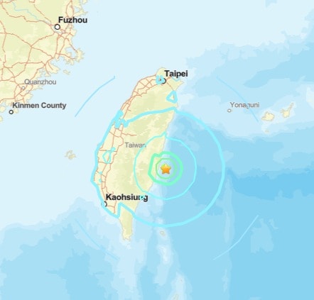 11일 대만 동부 화롄현에서 남쪽으로 69.9㎞ 떨어진 해안에서 규모 6.4의 지진이 발생했다. <출처=미국 지질조사국(USGS) 갈무리>