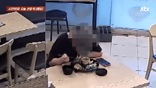 두리번거리다 돈가스에 머리카락 '툭'…환불 요구한 여성[CCTV 영상]