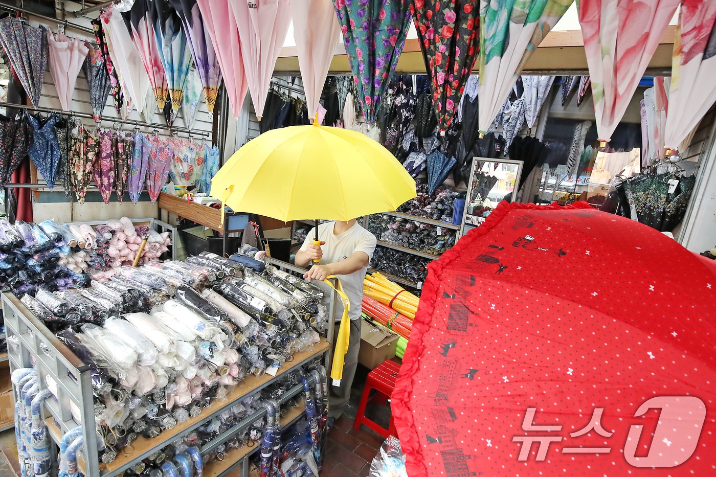 제주에서 올해 첫 장마가 시작된 12일 오후 대구 중구 서문시장의 한 우산가게에서 주인이 우산을 꺼내 진열하고 있다. 평년보다 1주일 빠른 올해 장마는 13일 오후부터 대구·경북에도 비를 뿌릴 전망이다. 2025.6.12/뉴스1 ⓒ News1 공정식 기자