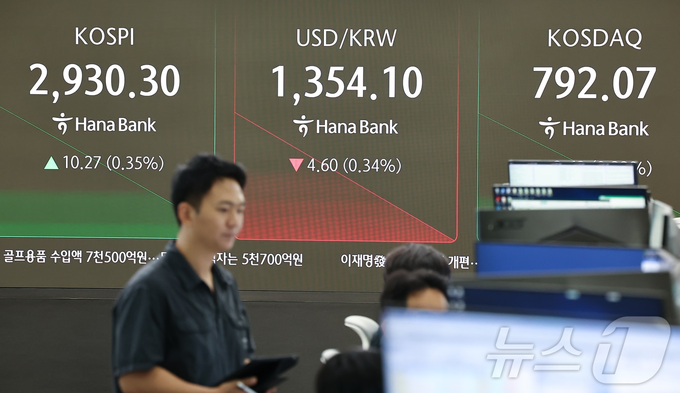 13일 오전 서울 중구 하나은행 딜링룸 전광판에 개장 시황이 나오고 있다. 2025.6.13/뉴스1 ⓒ News1 김도우 기자